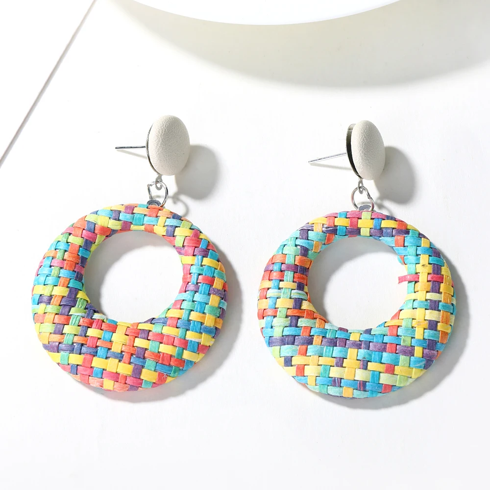 YAOLOGE, новинка, Корея, ручная работа, деревянная соломенная плетеная ротанговая лоза, женские серьги, геометрические, большие, круглые, длинные серьги-капли - Окраска металла: E965