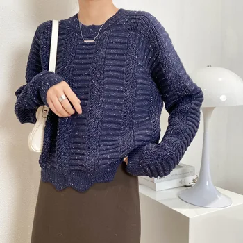 

2020 Autumn Solid Color Lace Knit Sweater Low Waist Jersey Slim Simple Women's Long-Sleeved Korean Round Neck Loose Sweater