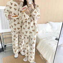

Cartoon Bear Winter Pajamas Set Women Kawaii Two Piece Home Suit Shirts + Trousers Set Sleepwear Homewear Couple Lovers