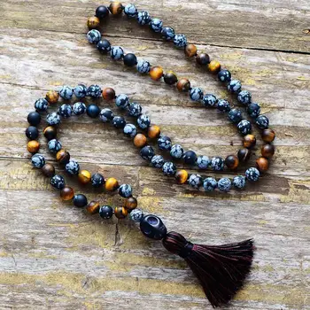 Men Necklace 8MM Matte Tiger Eye Stone with Skull Tassel Necklace Mens Rosary Necklace New Punk Man Jewelry Dropshipping