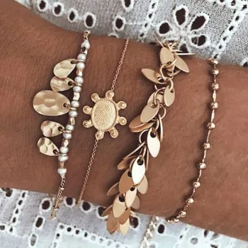 

4Pcs/set Vintage Alloy Rice Beads Tassel Pendant Bracelets for Women Creative Leave Turtle Shape Bracelet Female Jewellery