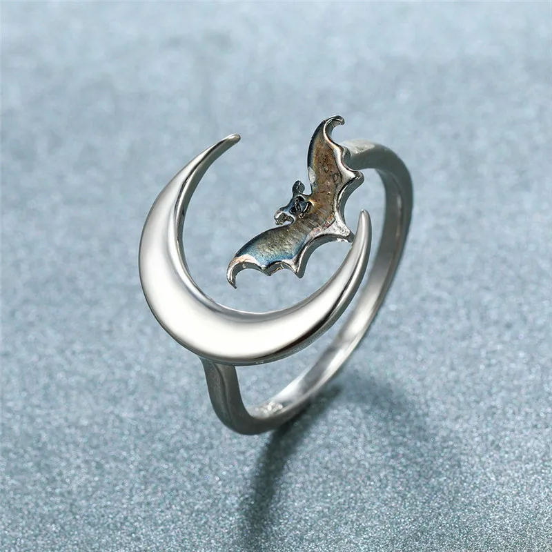 Vintage Black Bat Opening Adjustable Rings For Women Men Silver Color Unique Animal Jewelry