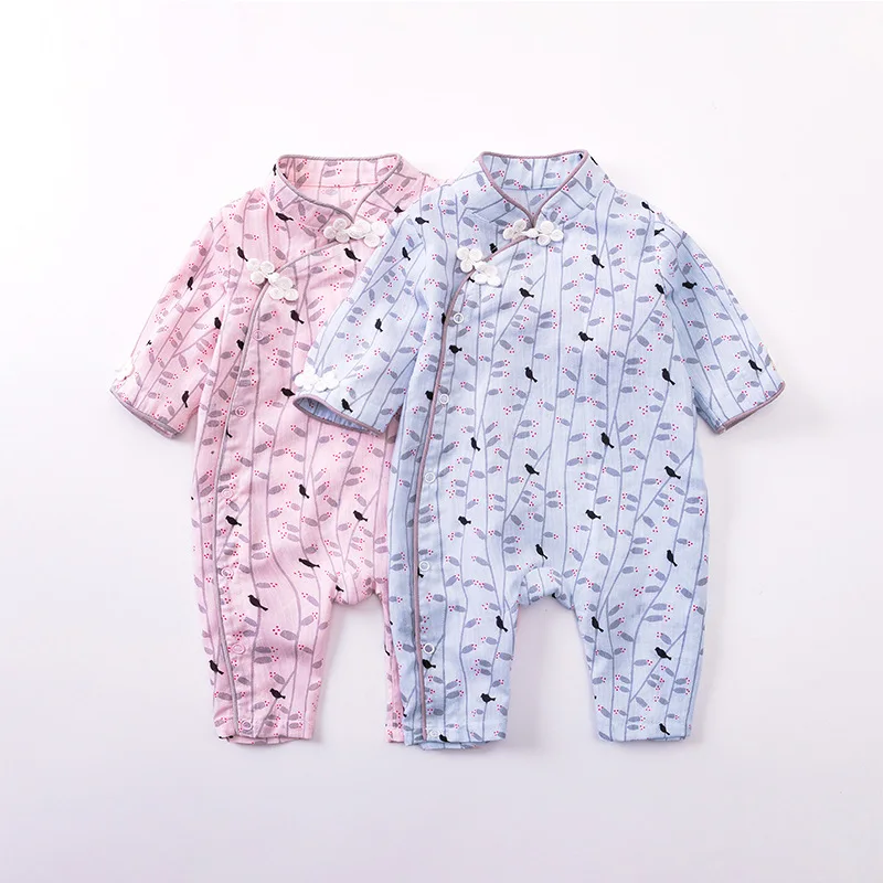 

Picturesque Childhood Newborn Rompers Baby Girl Chinese Style Pink Bird Print Cloth Button Cheongsam outfits Infant Clothes