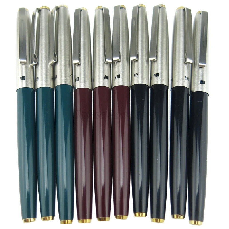 10 PCS Hero 329 Metal Classic Fountain Pens Set Extra Fine Nib 0.38mm Silver Trim Office School Writing Gift Pen