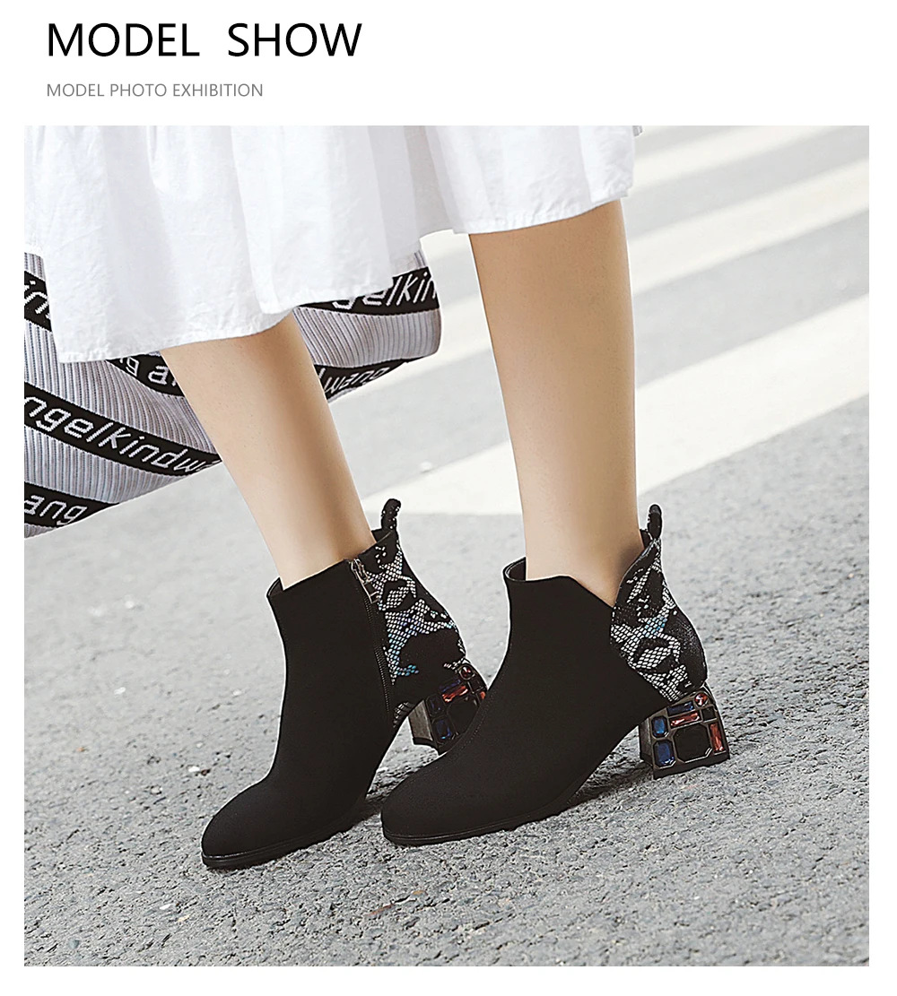 BESCONE Stylish Women Mid-Calf Boots Winter Handmade Snake Pattern Zip Square Heel Shoes Microfiber Round Toe Lady Boots BM307