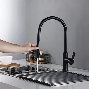

New Arrival Kitchen Faucet Swivel With Invisible Pull Out Nozzle Sprayer Gooseneck Pull Down Mixer Sink Tap in Matt Black