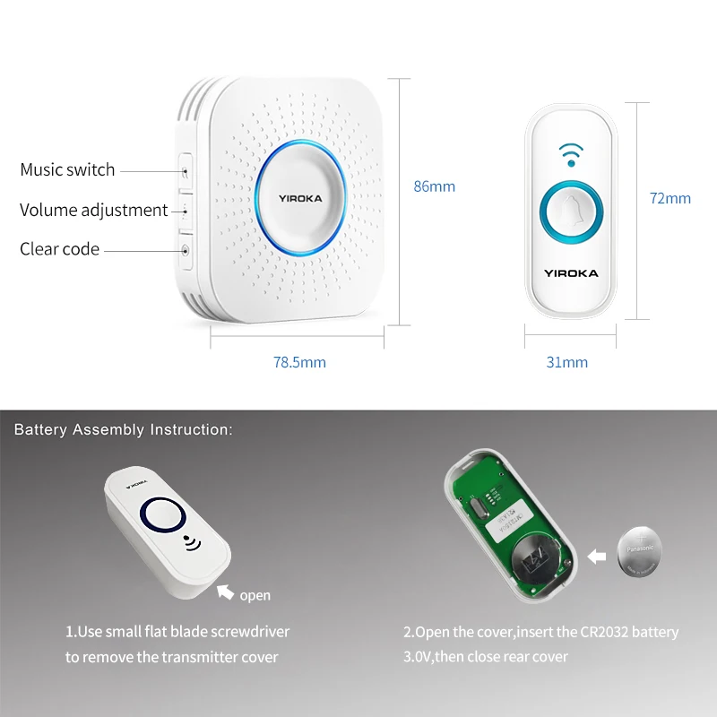 Yiroka беспроводной дверной звонок Водонепроницаемый светодиодный светильник 250 м Пульт дистанционного управления 1 2 кнопки 1 2 3 приемник умный дверной звонок 58 песня дверной звонок EU штекер