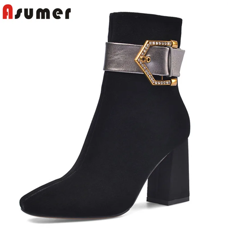 ASUMER/ г., Новое поступление, ботильоны женские замшевые модельные туфли на высоком каблуке с металлическим украшением вечерние и свадебные туфли женские полусапожки
