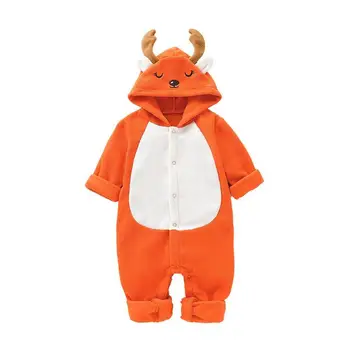 

Spring Autumn Baby Boys Girls Rompers Long Sleeve Cartoon Elk Rabbit Style Solid Color Fleece Hooded Sunsuit Clothing
