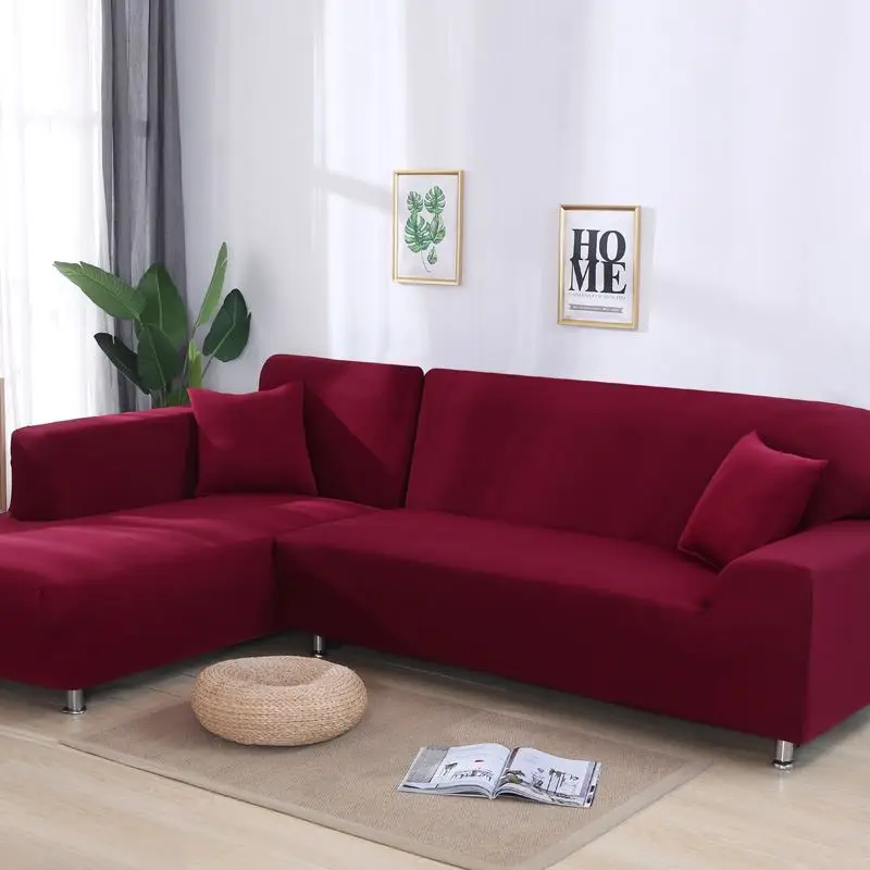 L Shape Recliner Protector Cover Set Fashion 16 Solid Colors Slipcovers Home& Living elastic Sofa Cover 1/2/3/4 Seats sofa kid - Цвет: Wine red