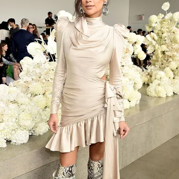 

New Autumn Winter Long Puff Sleeve Pleated Elegant HIgh Collar Ruffled Asymmetrical Bow Party Bohemian Dress