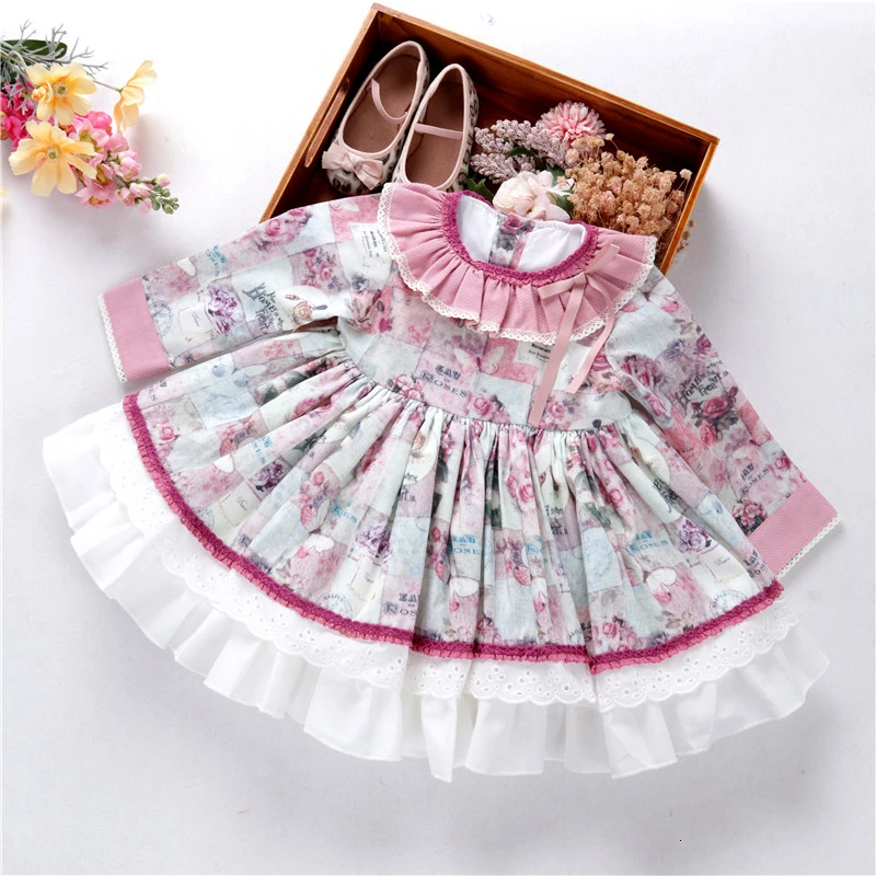 Осеннее детское испанское платье с цветочным рисунком и длинными рукавами; кружевные праздничные платья принцессы для девочек; детская одежда; красивые бутики; 6110