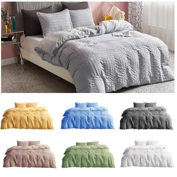 

3pcs Seersucker Accessories Queen Size Washable Quilt Cover Pillowcase Bedding Set Ultra Soft Modern Gift Solid With Zipper Ties