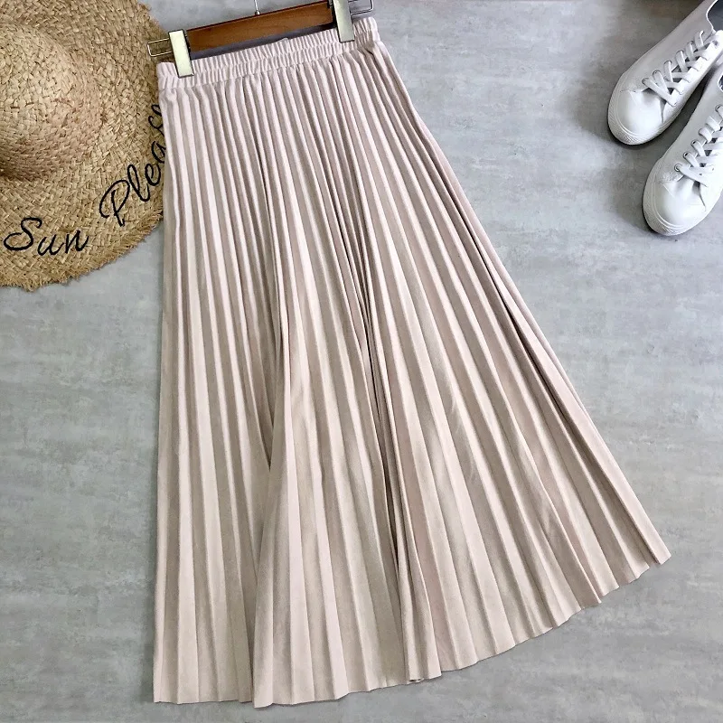 Осенняя замшевая плиссированная длинная юбка однотонная женская винтажная