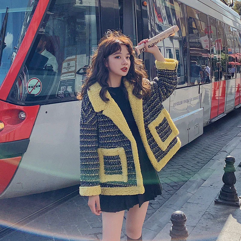 

Photo Shoot Graceful Lambs Wool Coat Women's Short 2020 Winter New Style Loose Thick Fold-down Collar Large Pocket Overcoat