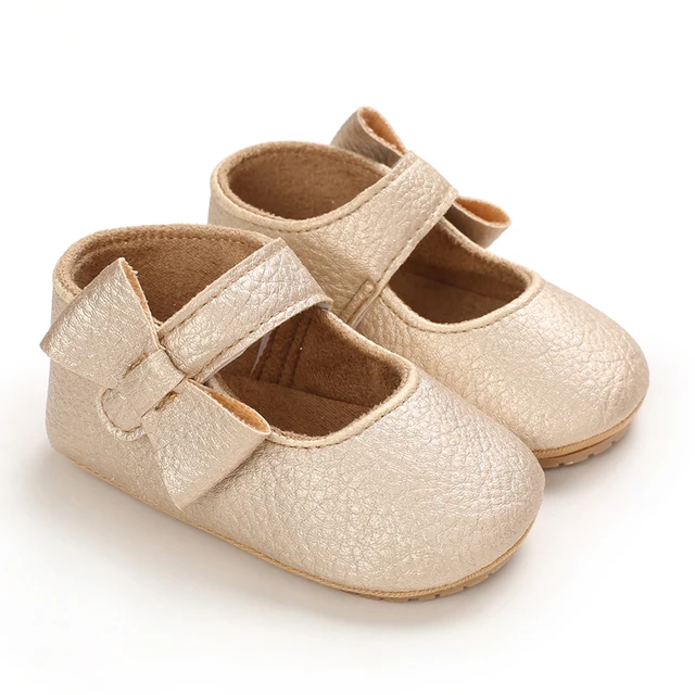 Infant Newborn Baby Girls Princess Non-Slip Floral Border Shoes Toddler Baby Soft PU Leather Prewalker Shoes Solid First Walkers D40 Gold