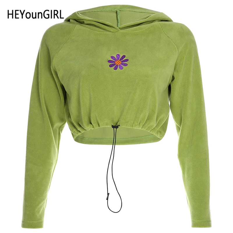 Армейский зеленый HEYounGIRL бархатная Короткая Толстовка с длинными рукавами Повседневные женские толстовки с вышивкой зеленые пуловеры с капюшоном на шнурке в Корейском стиле - Цвет: Армейский зеленый
