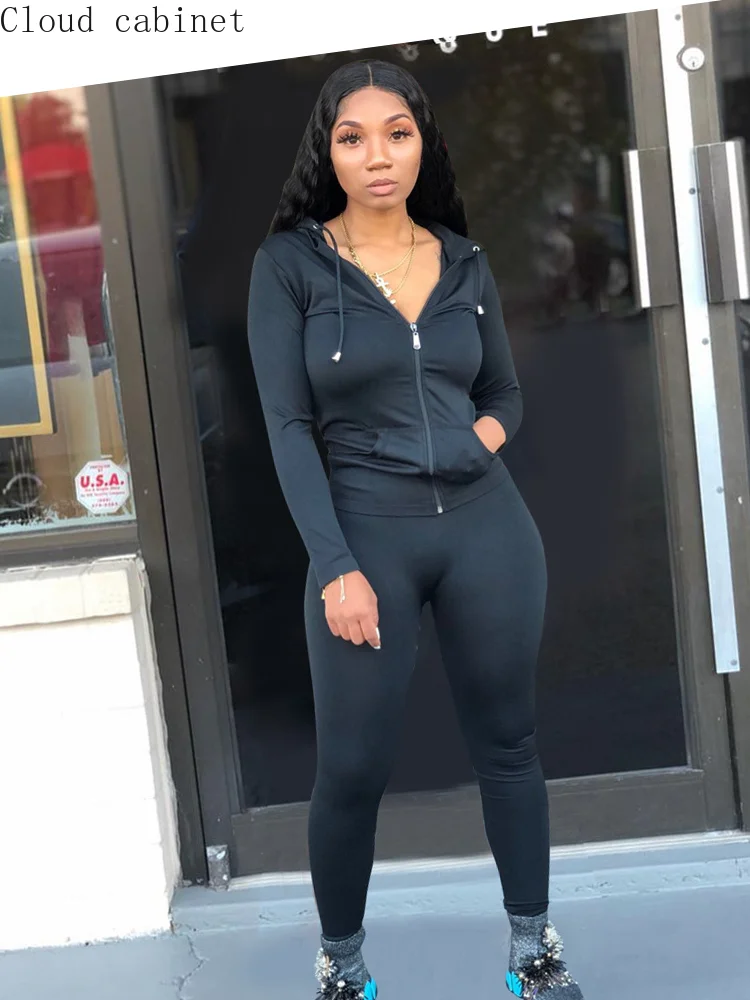 

Two piece set of Hooded zipper sweater and tights for autumn and winter