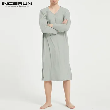 

INCERUN Men Leisure Sleep Robes Casual Short Sleeve V Neck Sleepwear Fashion Solid Color Cotton Nightgrown Comfortable Homewear