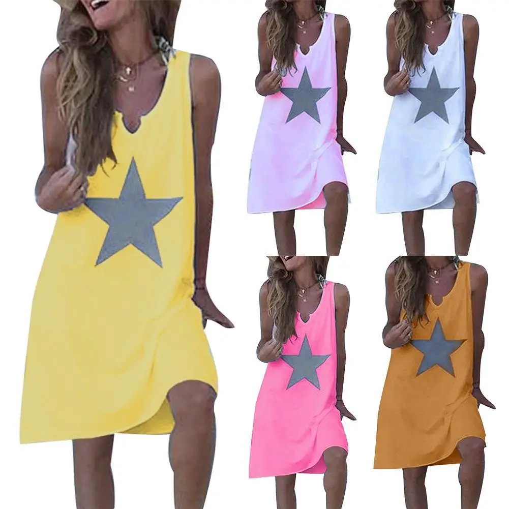 Playa suelto vestido de las mujeres de verano de 2021 vestido Sexy bohemio sin mangas estampado estrellas Mini vestido de vacaciones de playa Vestidos de talla grande