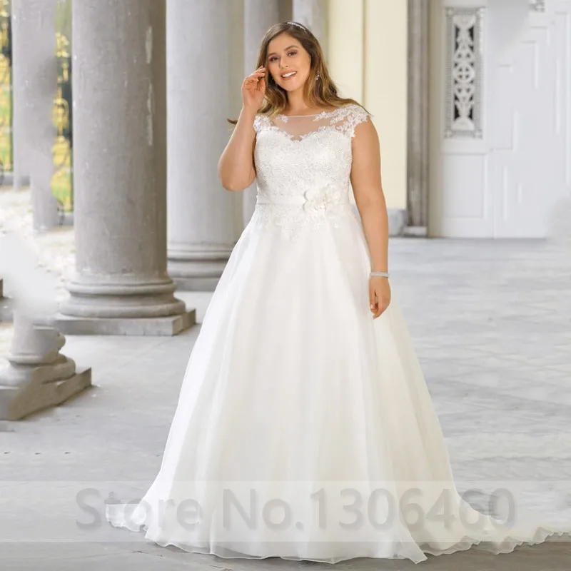 

Scoop Neck Cap Sleeve Plus Size Custom Made Wedding Dress For Big Size Appliques Handmade Flower Bride Dress vestido de noiva