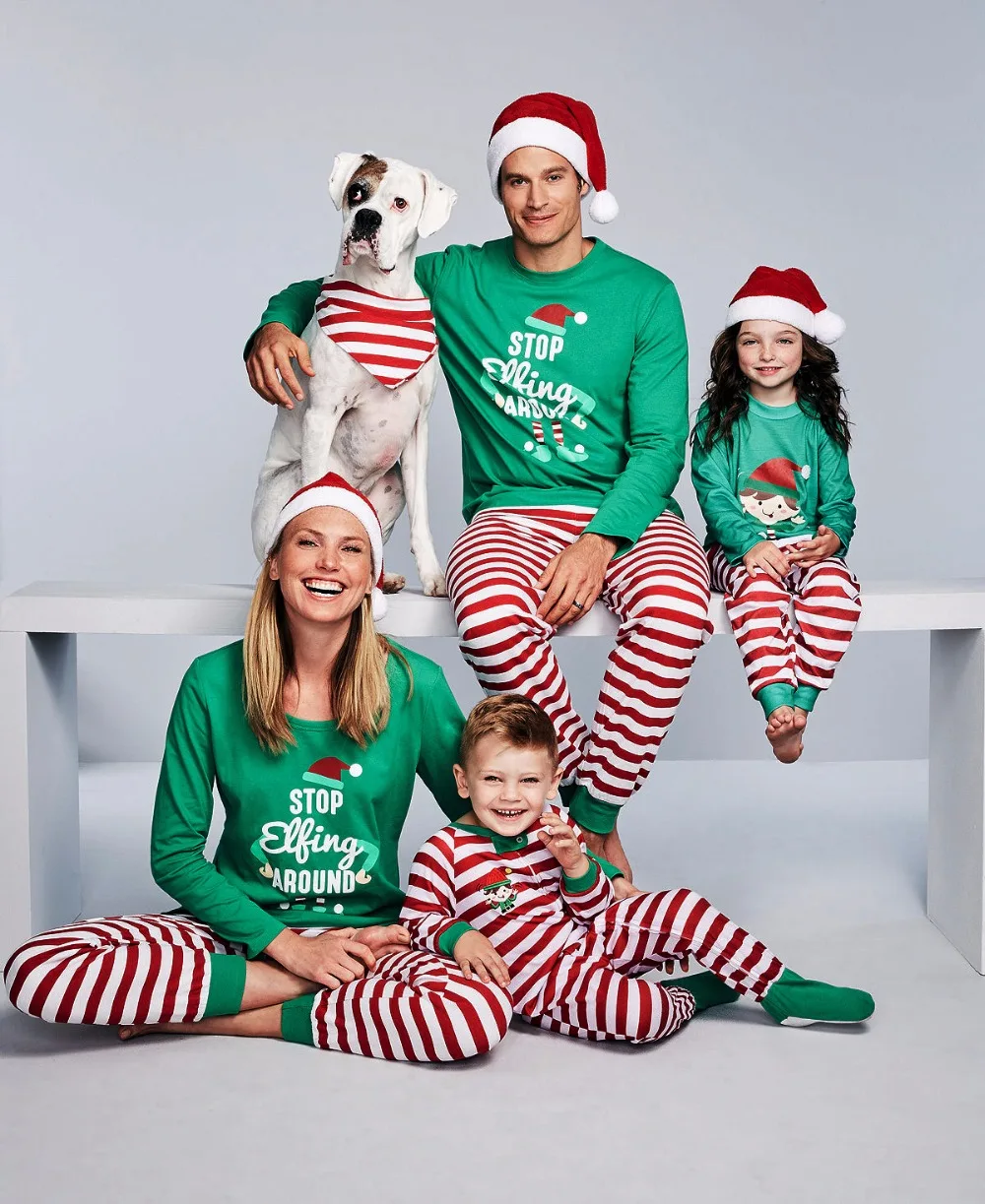 

2018 New Christmas Pajamas Set Family Matching Outfits Green Striped Pyjamas Set Sleepwear Nightwear Xmas Baby Romper