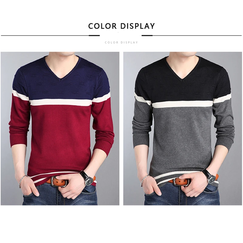 Flash Sale TFETTERS Men Brand Sweater Autumn V-necked Young Men's Long Sleeve T-shirt Slim Fit Sweaters Men Streak Knitted Bottom Sweater