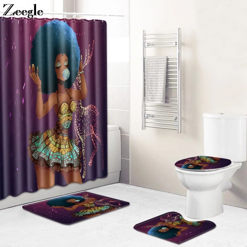 4pcs African American Women Shower Curtain Bath Rug Flannel Toilet Cover Seat Mat Non-slip Bath Shower Mat Bathroom Curtain Set