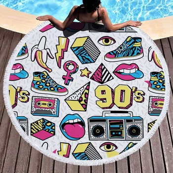 

Cartoon 90s Retro Item Beach Towels Kids Girl Shawl Fringe Microfiber Round Fabric Bath Towels For Living Room Home Decor