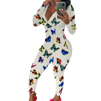 

Women's Sexy Bodycon Jumpsuits Trendy Butterfly Print Deep V Neck Long Sleeve Button Stretch One Piece Outfits nightwear pajamas