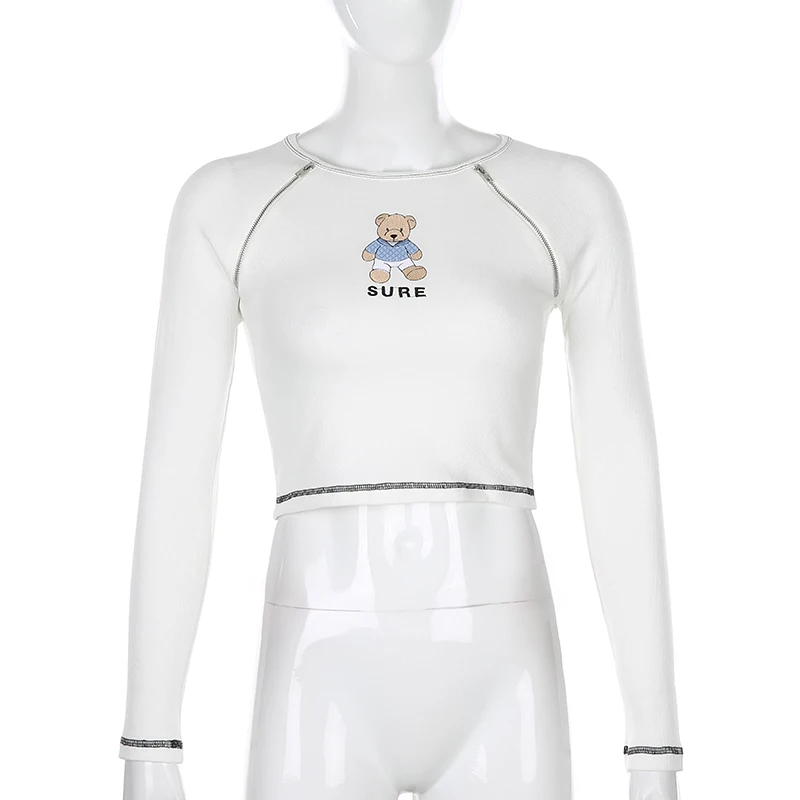 Cartoon Panda Printed Zipper Up Women's T-shirts Cute Kawaii White Long Sleeve Crop Top Tees E-girl Korean Fashion 2020 Iamhotty