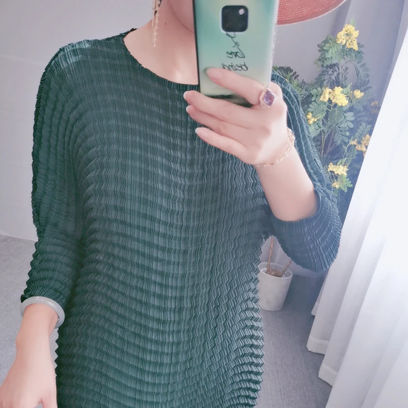 MIYAKE Fold/дизайнерская Осенняя однотонная нестандартная футболка большого размера с длинными рукавами