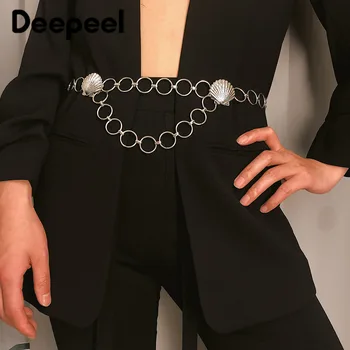 

Deepeel 1pc 3.4*102cm Women Metal Round Buckle Cummerbunds Shell Relief Patchwork Trendy Adjustable Waist Chain for Dress CB650