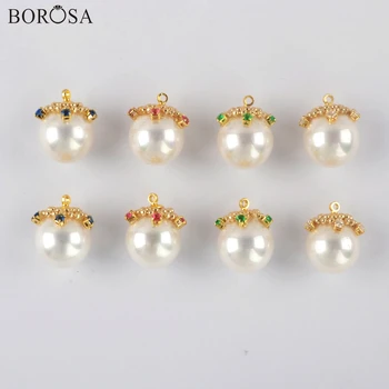 

BOROSA Round Pearl Pendants Natural Pearl Stone Beads Charms Cubic Zirconia Beads for Jewelry Making Necklace Jewelry WX1313