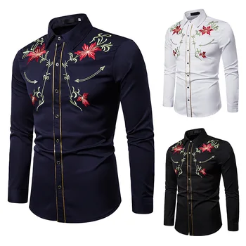 

Men's fashion Embroidered Shirt American Western style shirt flower embroidered long sleeve shirt