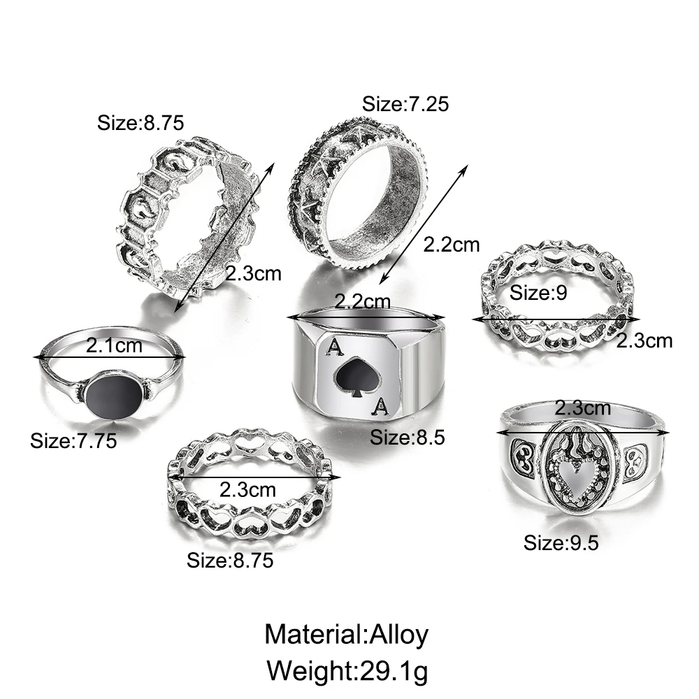 Punk Gothic Heart Ring Set for Women Black Dice Vintage Spades Ace Silver Plated Retro Rhinestone Charm Billiards Finger Jewelry
