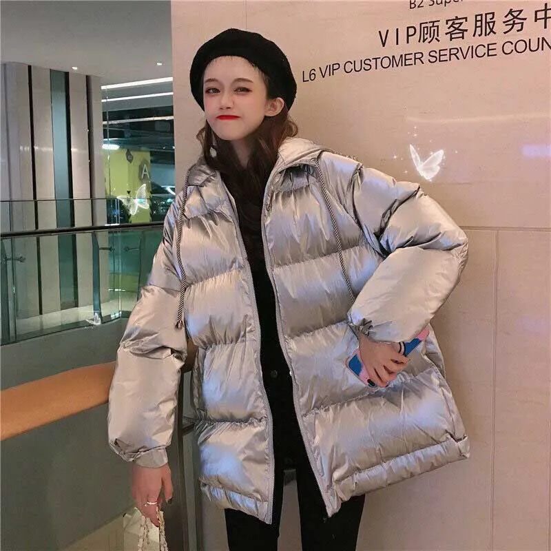 NiceMix Лазерная хлопковая стеганая Милая парка с капюшоном, пальто, толстая теплая куртка, ветровка для женщин, зимняя куртка в стиле панк большого размера