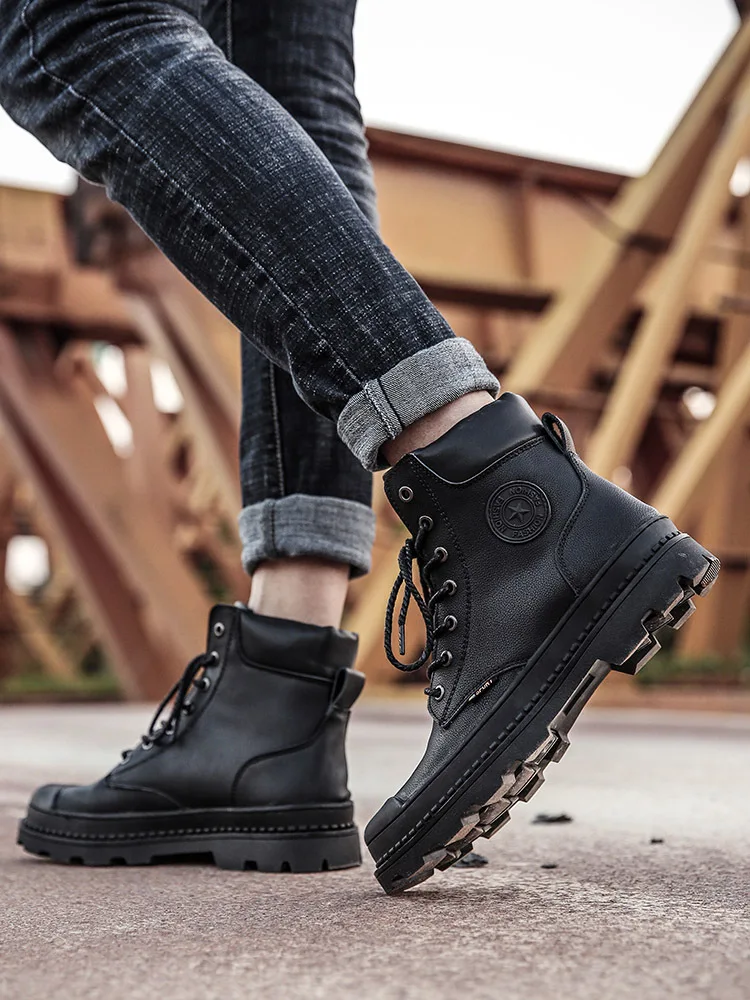 

Black And White with Pattern Martin Boots Men's plus Velvet Worker Boot British Style Ankle Boots Winter Leather Boot Fashion Hi
