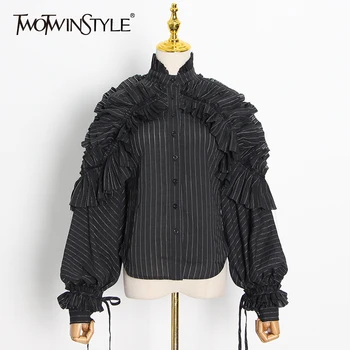 

TWOTWINSTYLE Patchwork Ruffle Shirt For Women Stand Collar Long Sleeve Striped Blouse Female 2020 Fashion Clothing Style Fall