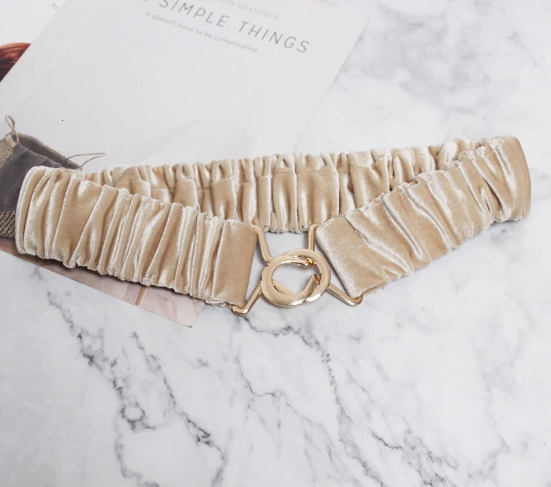 apricot SeeBeautiful New Fashion Autumn Winter Simple Metal Buckle Gold Velvet Cloth Elastic Girdle Waist Seal Belts Woman Q385 - Цвет: apricot