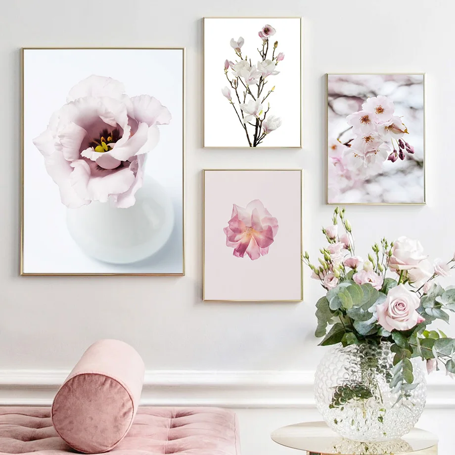 Pink Flower Cherry Blossoms Magnolia Rose Nordic Posters And Prints Wall Art Canvas Painting Pictures For Living Room Decor | Дом и сад