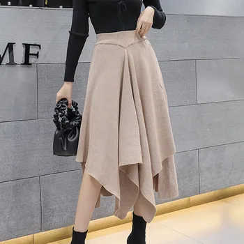 

Skirt Irregular High Waist Light Coffee Color Knit Slim Fashion 2020 Fall Winter New Style Women Thick Elegent Vintage Trendy