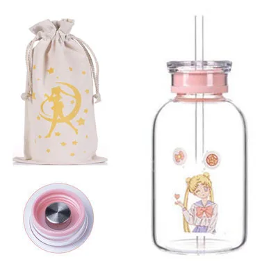 07 Креативная каваи Sailormoon бутылка для воды с соломинкой мультяшная Модная Портативная герметичная стеклянная чашка крышка для девушки бутылки для питья - Цвет: 07