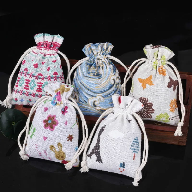 

9x12cm Cotton Bags for Gift Cloth Bags Drawstring Printing Multicolor Vintage Sack Burlap Gift Bag Wedding Party Pouch Jute Bag