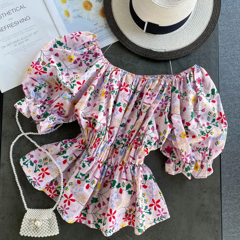 

Retro Flower Shirt Puff Sleeve Off-Shoulder Short Shirt Summer Wear for Women 2020 New Floral Holiday Small Shirt All Match Top