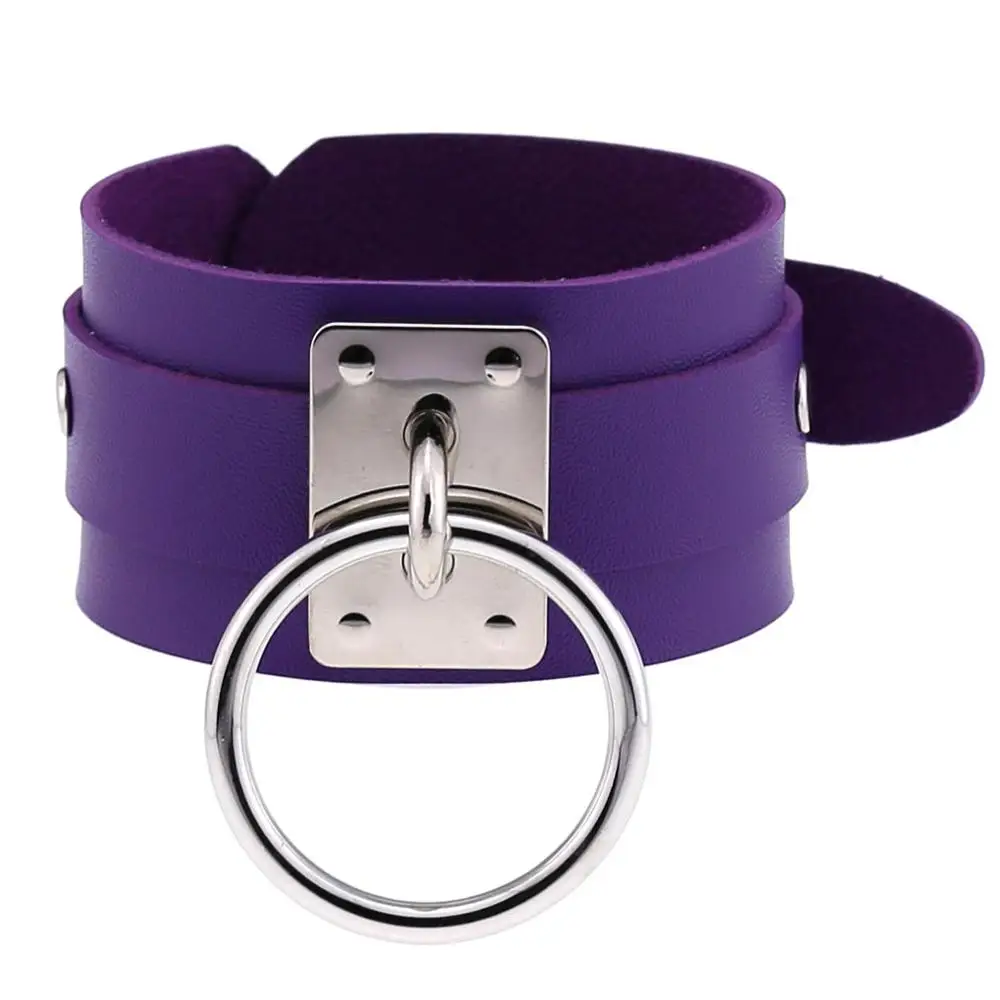 purple Панк негабаритных двойной слой кожаный ремешок покрытие запястье браслет Связывание БДСМ Серебряный Металл о круглый готический браслет - Окраска металла: purple