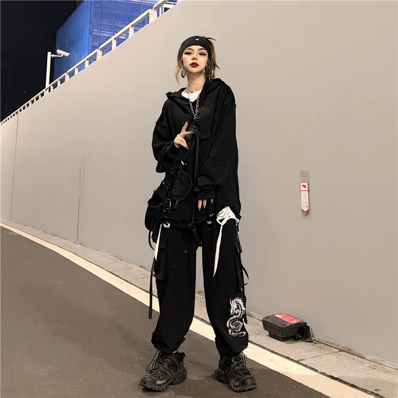 Vintage Gothic Punk Dragon Embroidery Patchwork Side Ribbon Belt Pocket Cargo Jogger Pant Hiphop Harem Streetwear Track Harajuku