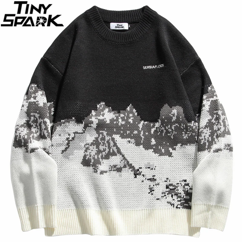 2020 Men Hip Hop Streetwear Knitted Sweater Embroidery Retro Vintage Snow Sweater Cotton Harajuku Casual Pullover Sweater Black