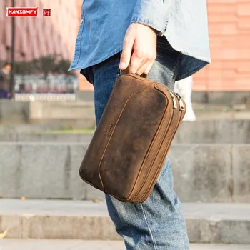 

New Leather Toiletry Bag Storage Bag Crazy Horse Cowhide Men's Clutch Bags