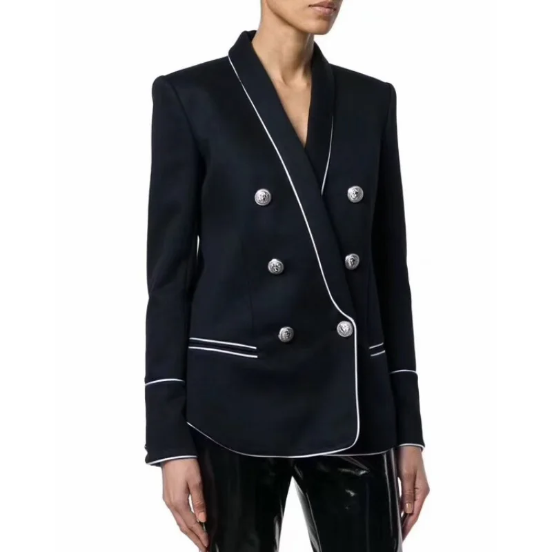 

Autumn Runway Streetwear Woman Blazers Notched Collar Double Breasted Button Patchwork Warm Coats